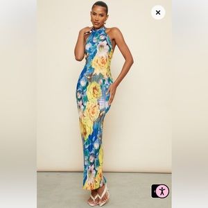 Yellow Floral Print Plisse High Neck Low Back Maxi Dress